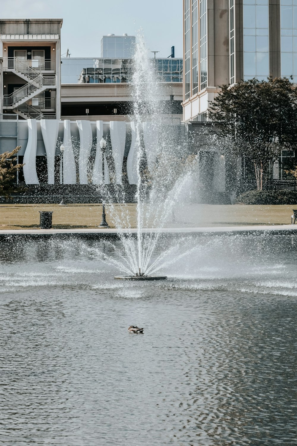 a large fountain spewing water into a pond