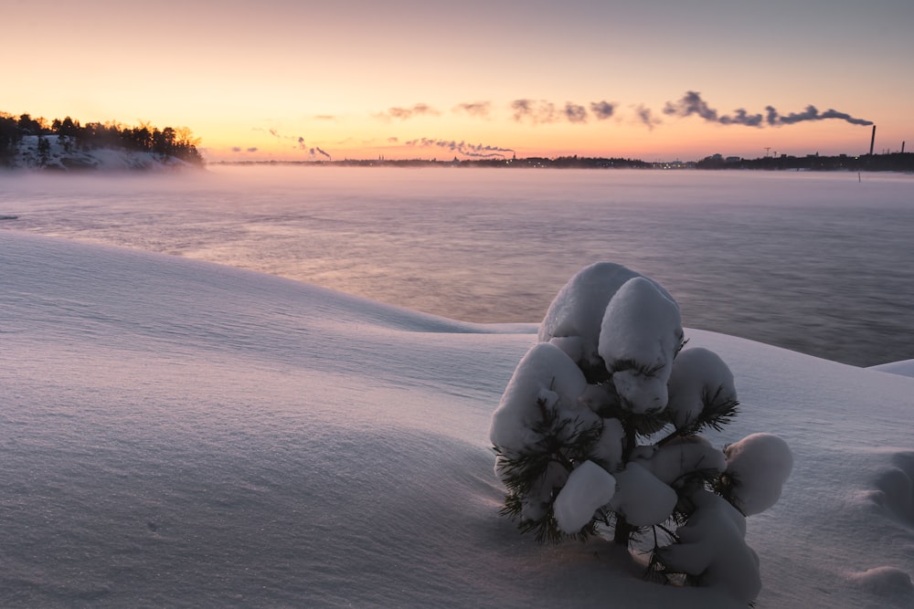 a snow covered field with a body of water in the background