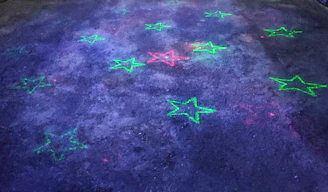 Floating fashion accessories with neon outlines against a dark starry background.