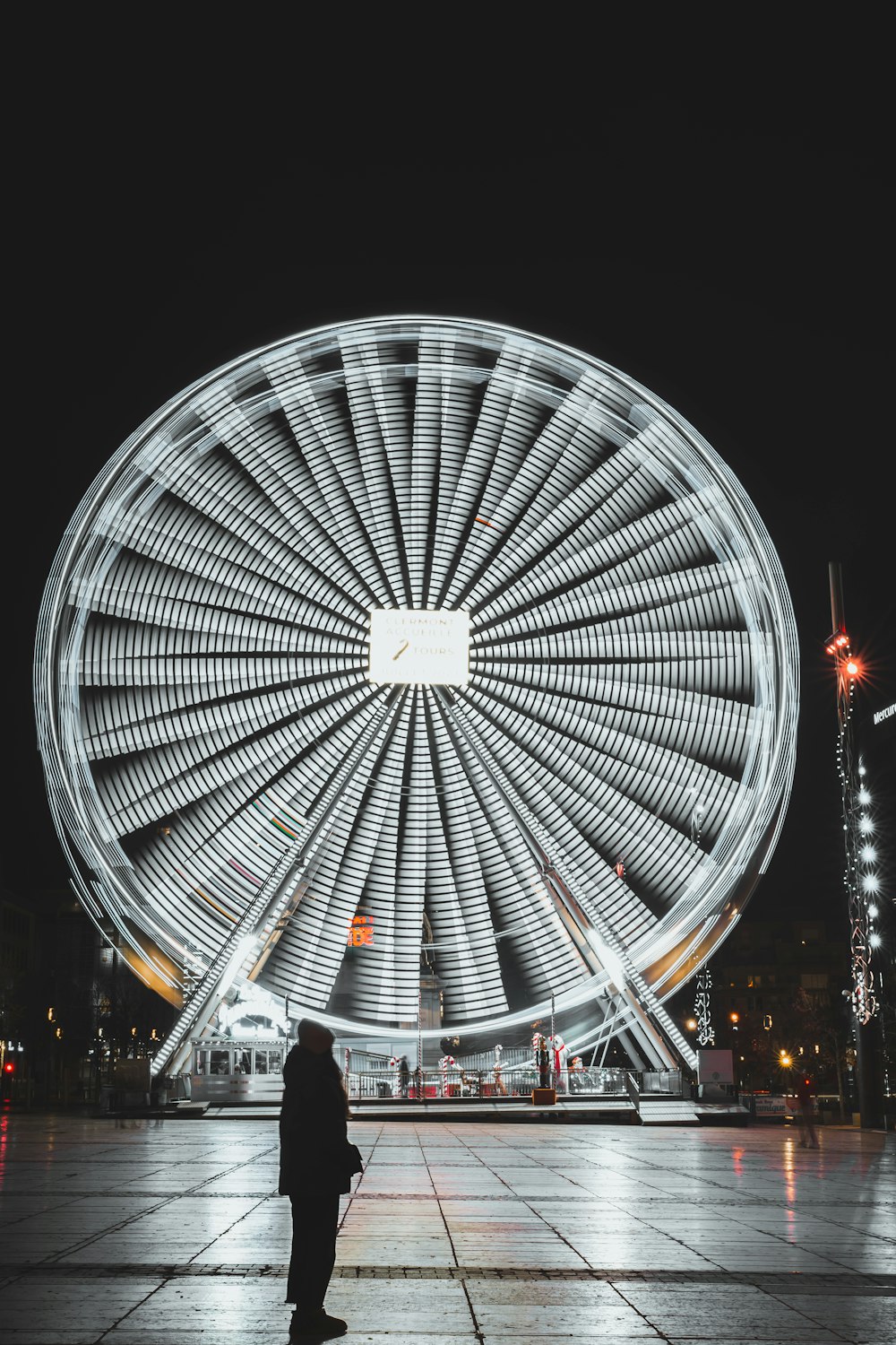a person standing in front of a ferris wheel at night