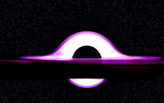 A luminous disc of bright, glowing light encircles a dark, circular void, representing a black hole in space. The light, varying in shades of magenta and pink, appears to bend around the singularity due to gravitational lensing. Surrounding the central form are countless specks of white, resembling distant stars in a vast galaxy.