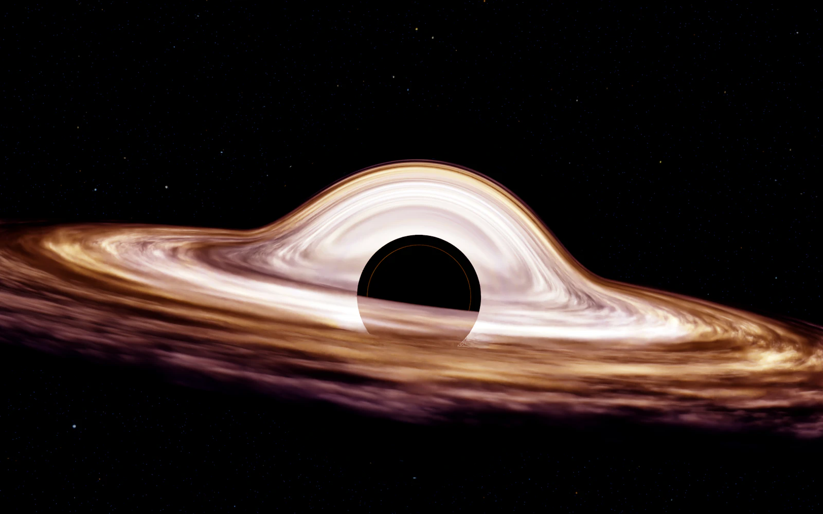 Illustration of a black hole surrounded by a glowing orange accretion disk in deep space