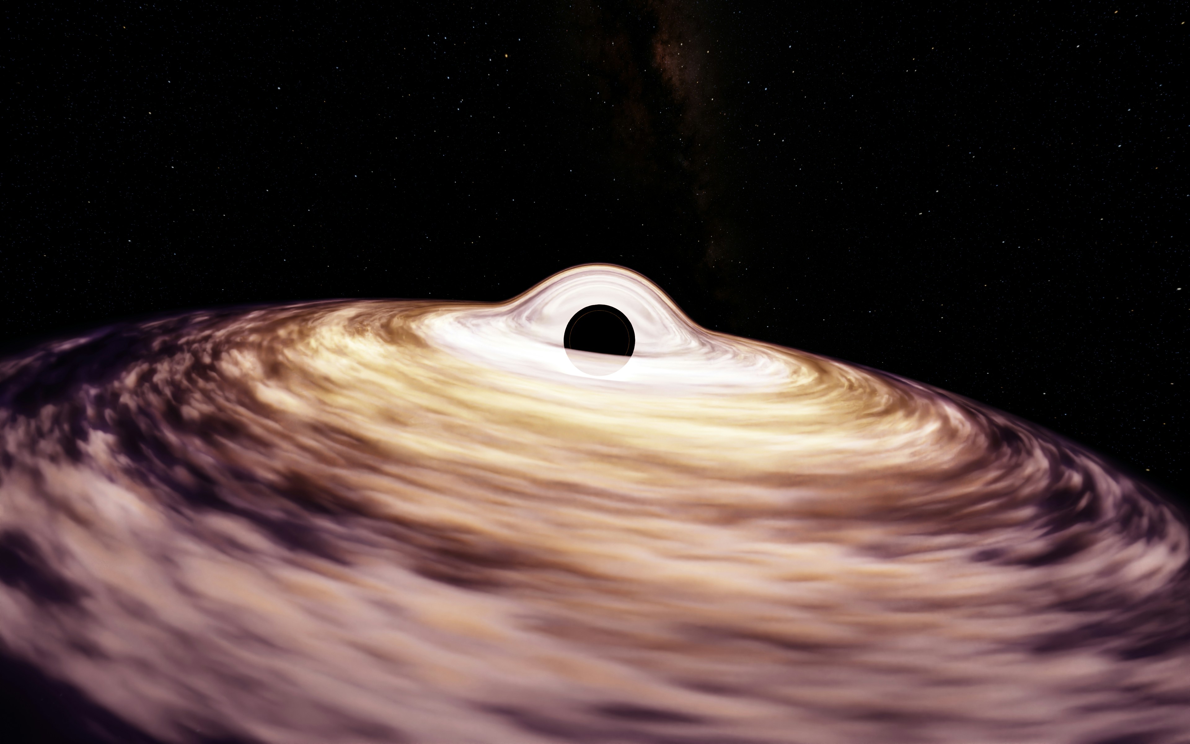 Artistic rendering of a black hole with swirling accretion disk in deep space