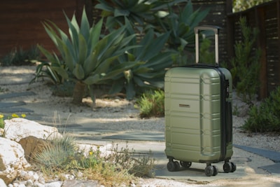 A green suitcase with four wheels is standing on a stone pathway in an outdoor setting. Surrounding the pathway are various plants and succulents, including large agave plants. The backdrop consists of a wooden structure and more greenery.