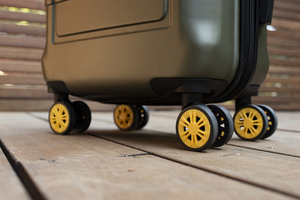 a piece of luggage sitting on top of a wooden floor