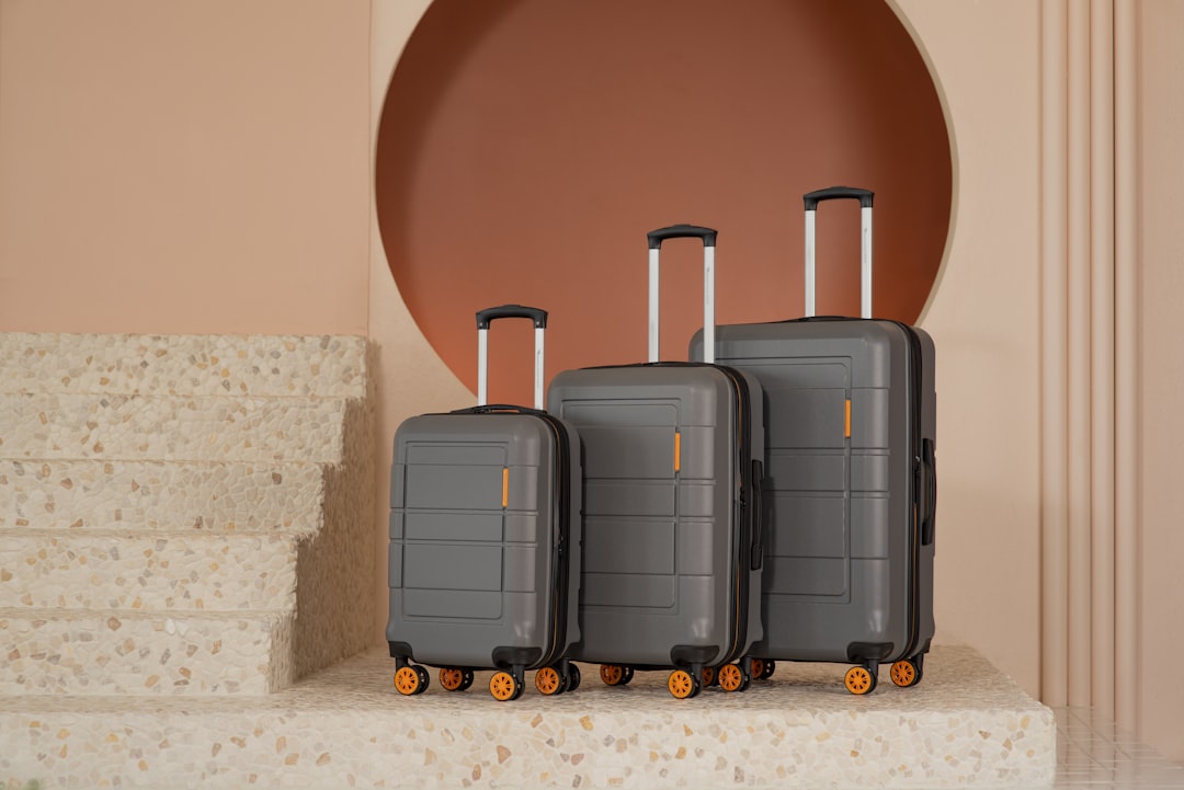 three pieces of luggage sitting on top of a set of stairs, Andante three-piece set from American Green Travel (charcoal)