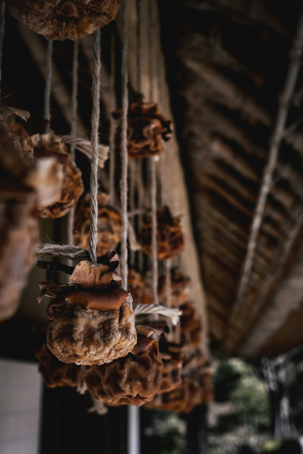 a bunch of food hanging from a ceiling