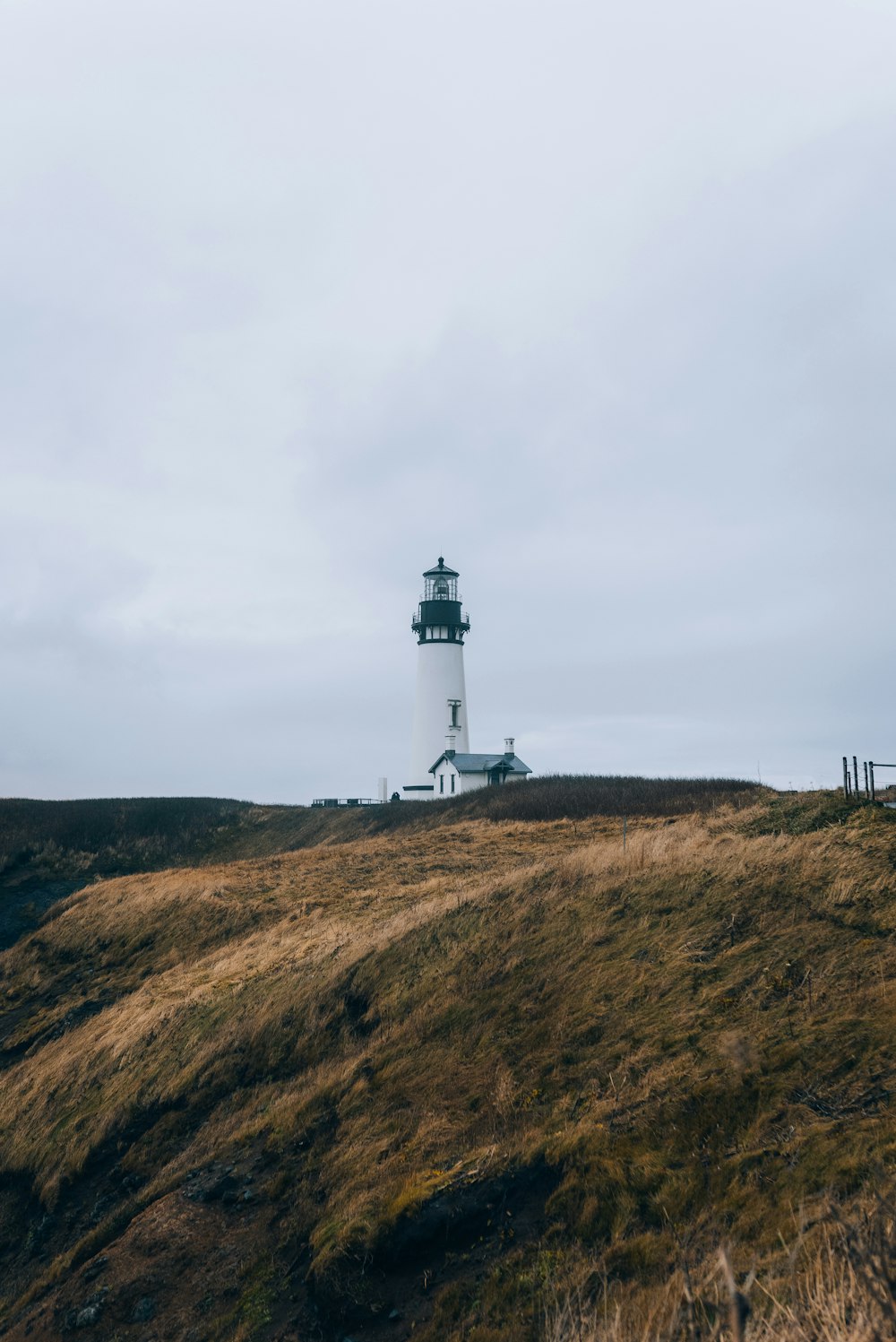 a white and black lighthouse on a grassy hill