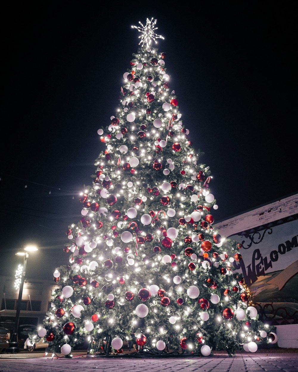 a large christmas tree is lit up at night