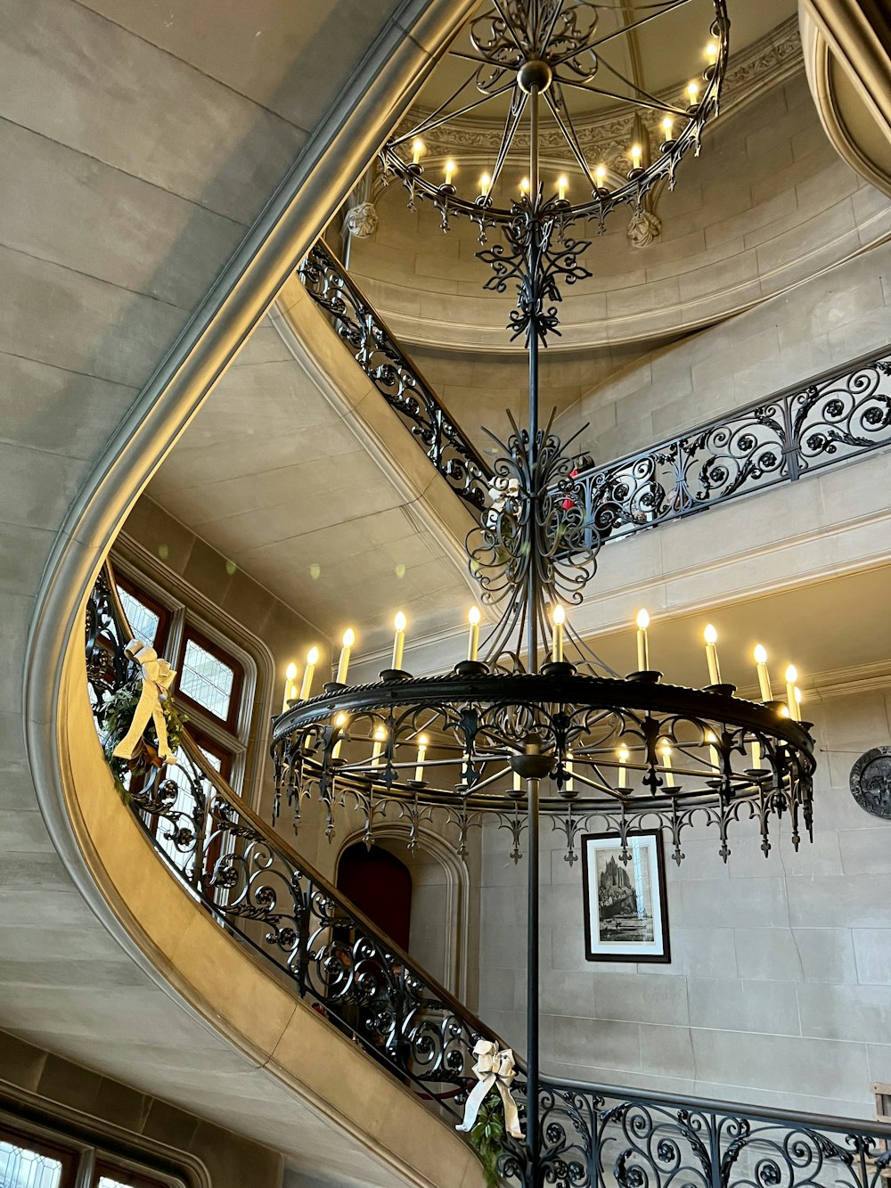 a chandelier hanging from the ceiling of a building