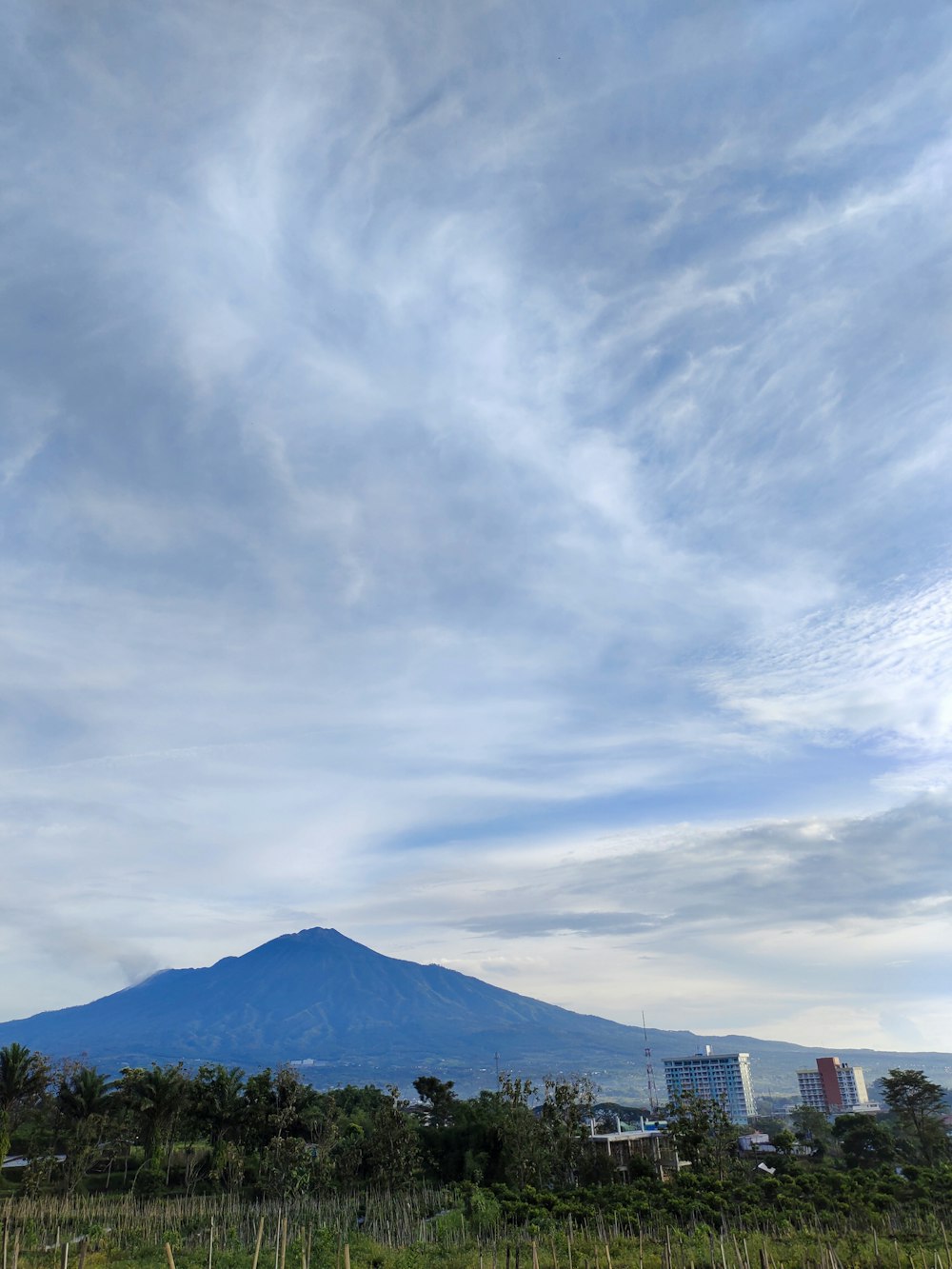 a view of a mountain with clouds in the sky