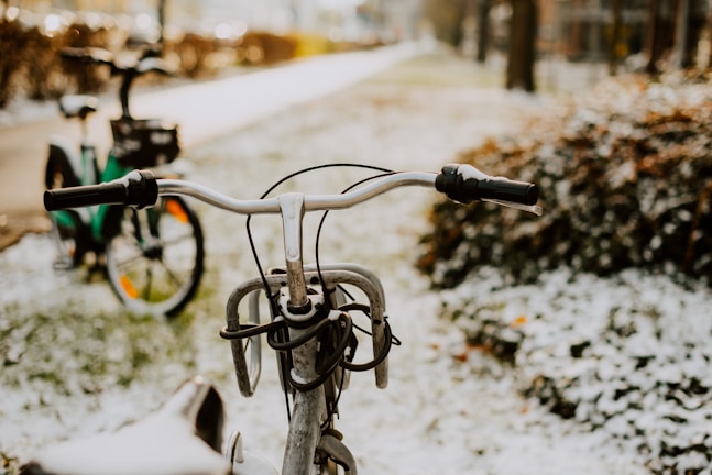 A close-up of a stationary bicycle with handlebars in focus. Another bicycle is parked in the background on a slightly snowy ground. The background includes a pathway, bushes, and blurred trees.