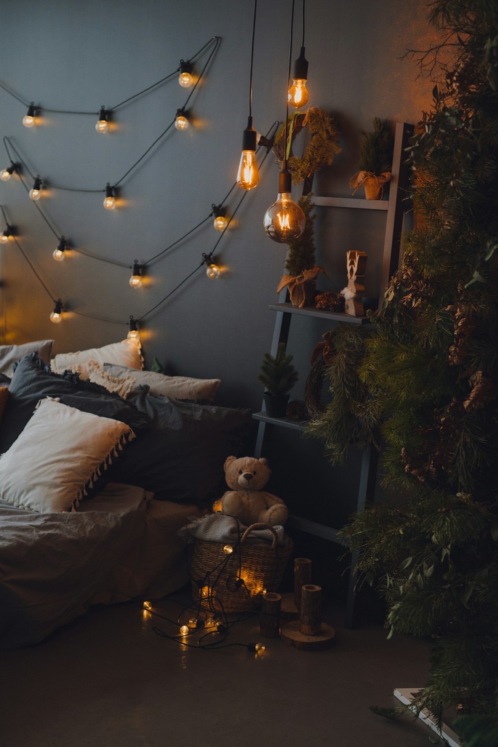 a bed with a bunch of lights hanging from it
