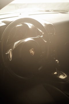 A car interior with a focus on the steering wheel, which features an emblem at its center. The dashboard and part of a gear shift can also be seen. The scene is bathed in soft, ambient lighting, creating a warm and somewhat ethereal atmosphere.