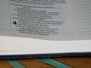 A close-up view of an open book displaying printed text. The page is focused on a section that contains numbered paragraphs, with some text in bold. The book's pages are slightly curved, and a green ribbon marker is visible at the bottom.