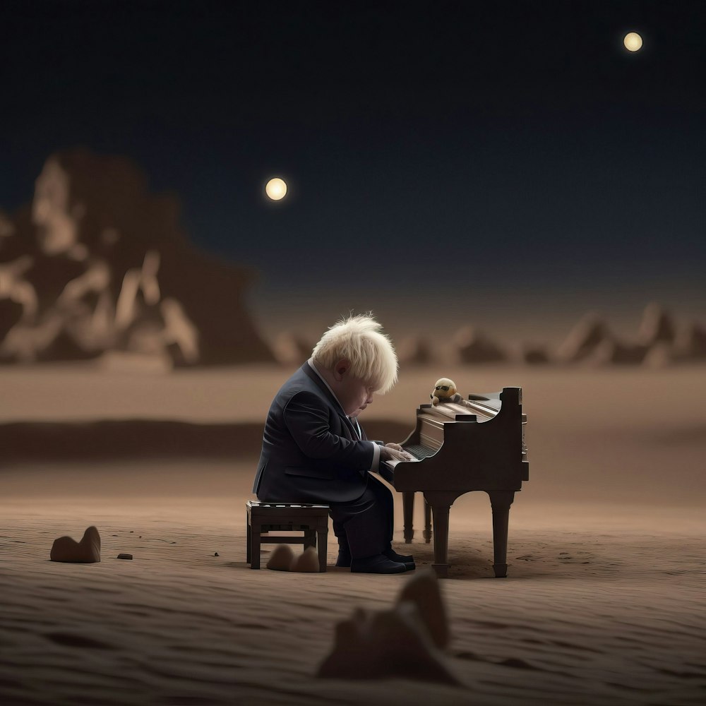 a man sitting at a piano in the desert