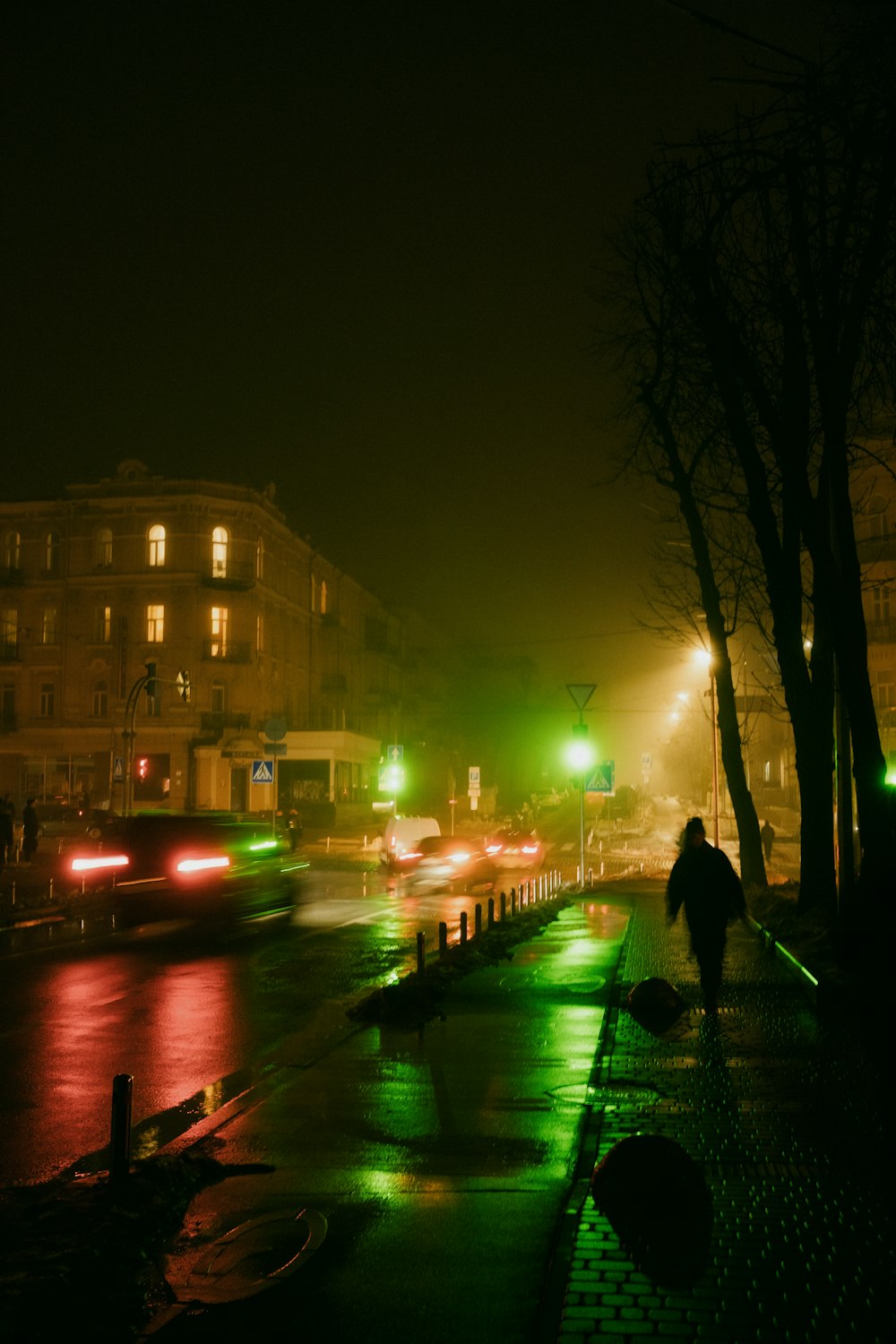 a person walking down a street at night