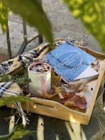 A wooden tray is placed outdoors, holding a cozy scene with a mug of hot chocolate topped with marshmallows, surrounded by autumn leaves and a plaid scarf. A book titled '3 Minute Positivity Journal' rests beside the mug, creating an inviting atmosphere.