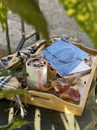 A wooden tray is placed outdoors, holding a cozy scene with a mug of hot chocolate topped with marshmallows, surrounded by autumn leaves and a plaid scarf. A book titled '3 Minute Positivity Journal' rests beside the mug, creating an inviting atmosphere.