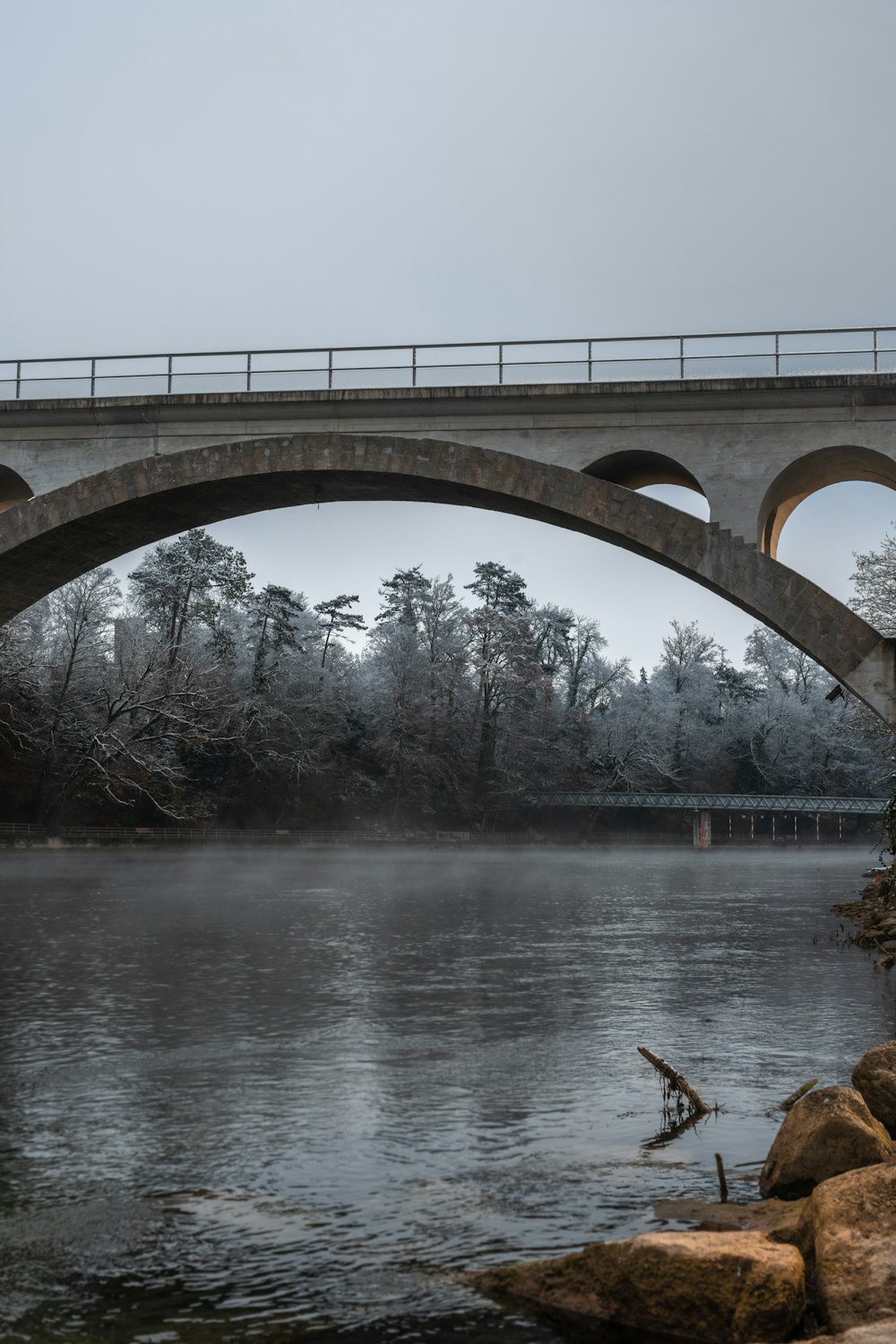 uma ponte sobre um corpo de água com árvores ao fundo