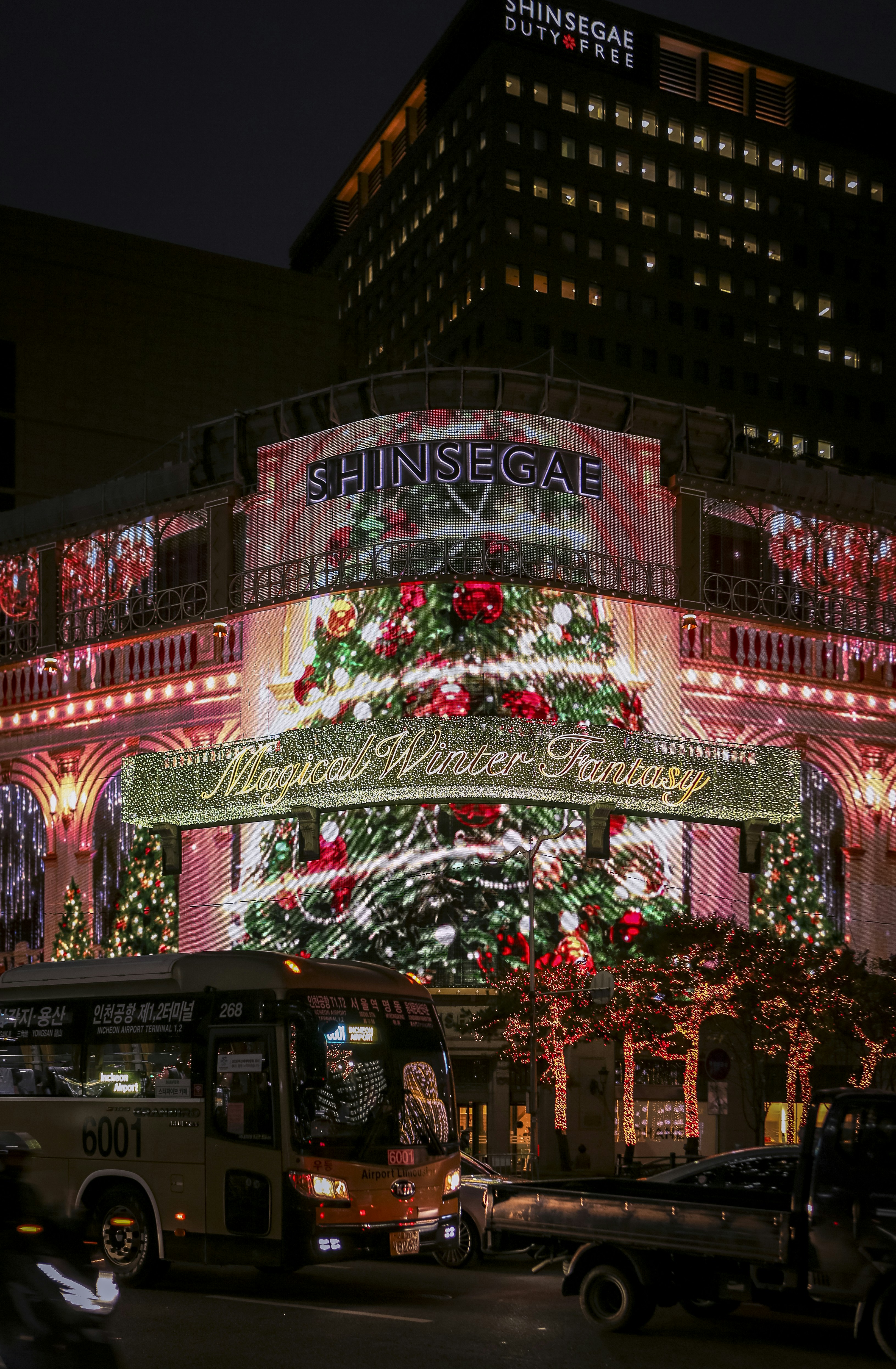 a large christmas tree is lit up on a building
