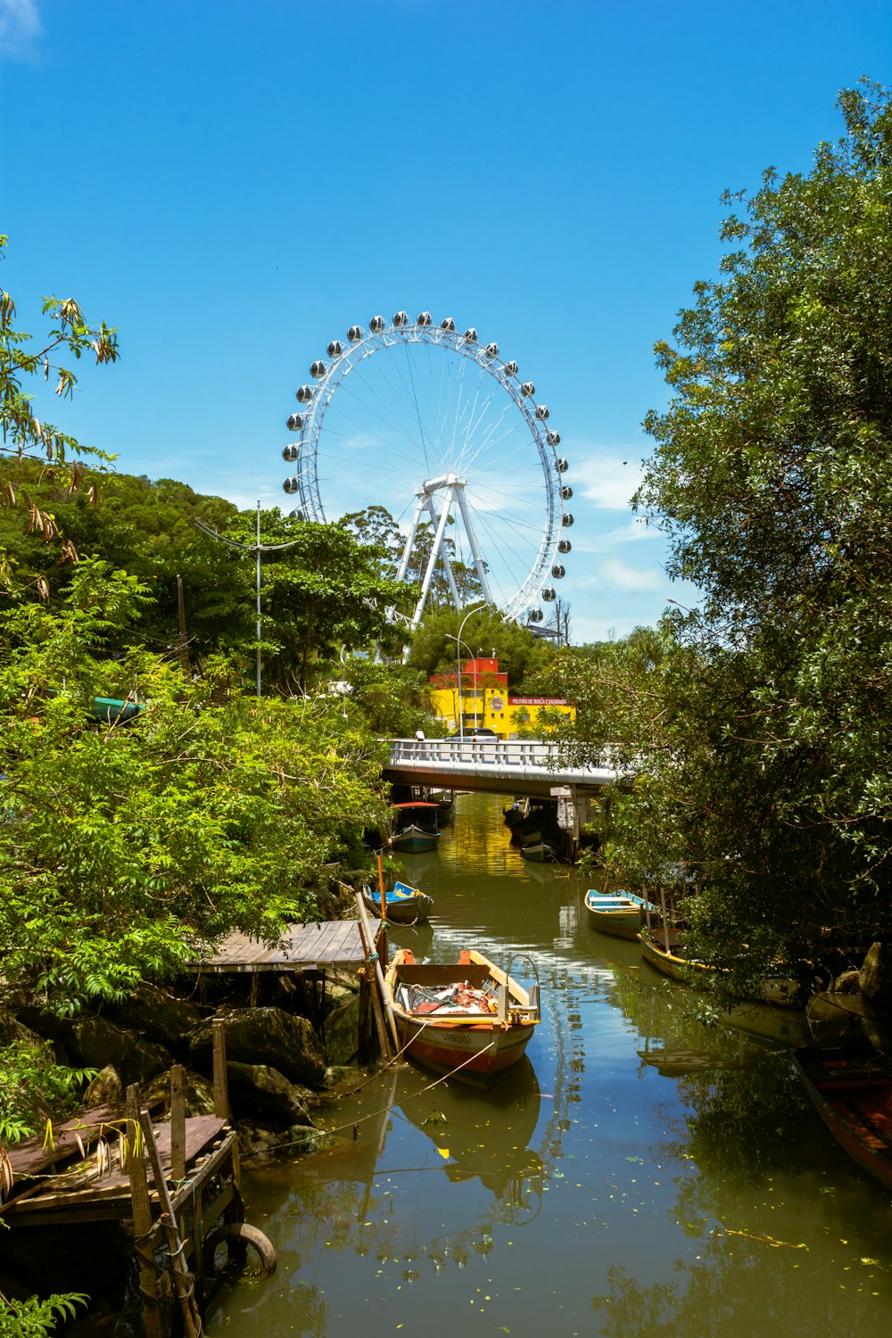 Ein Fluss mit einem Riesenrad im Hintergrund