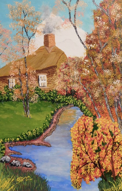 Traditional thatched cottages nestled among tall trees with smoke rising gently from kitchen fires.