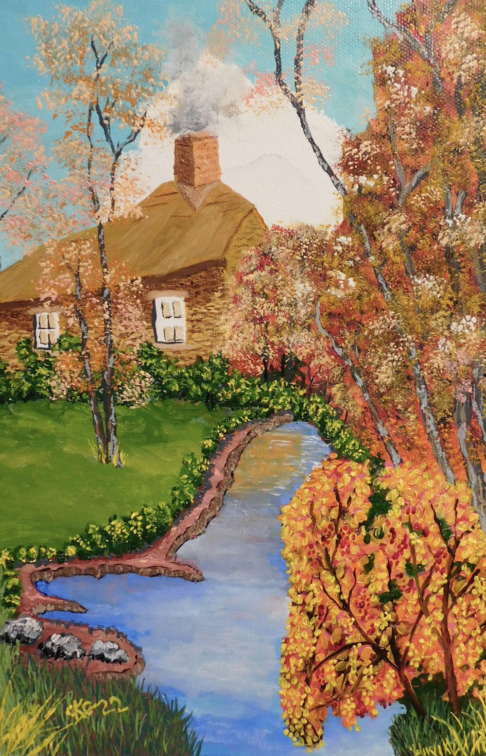 a painting of a house by a river