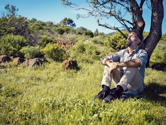 a man sitting under a tree in the grass