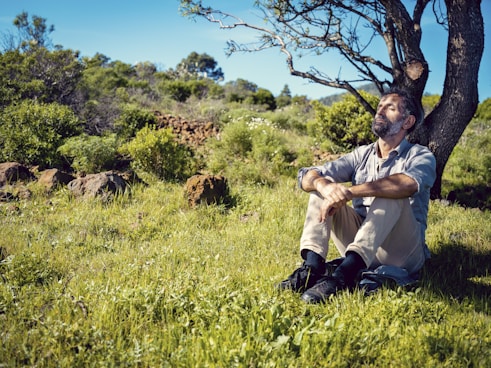 a man sitting under a tree in the grass