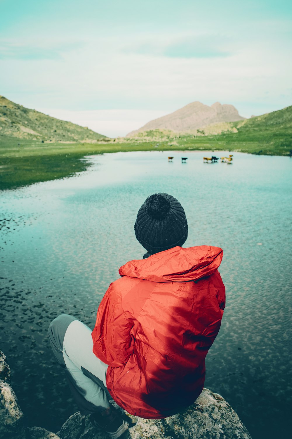 a person sitting on a rock looking out over a lake