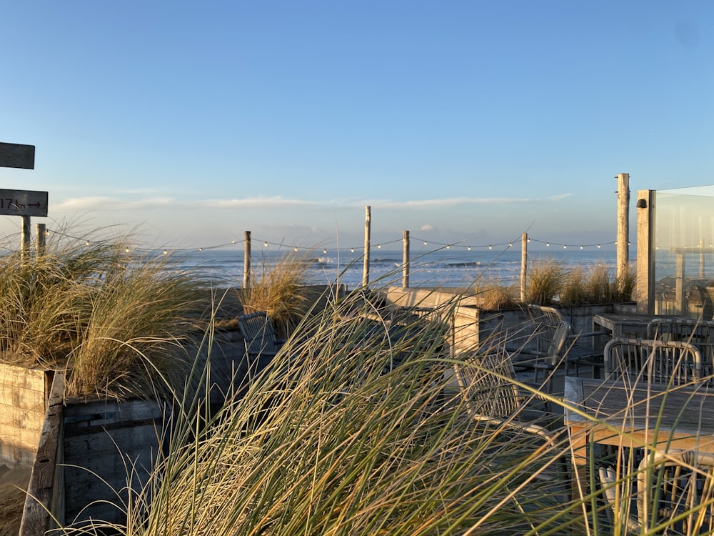 a wooden bench sitting on top of a sandy beach