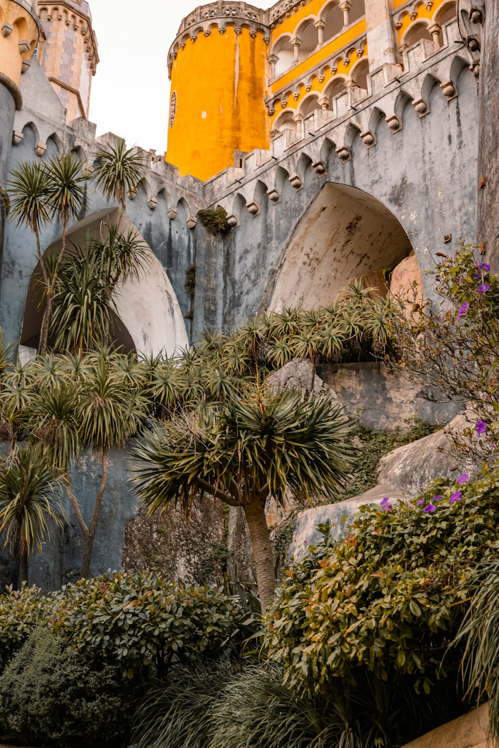 a castle like building with palm trees in the foreground