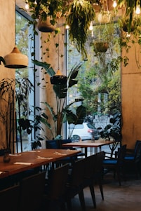 A cozy cafe interior with wooden tables, green plants, and fresh salad bowls on display.
