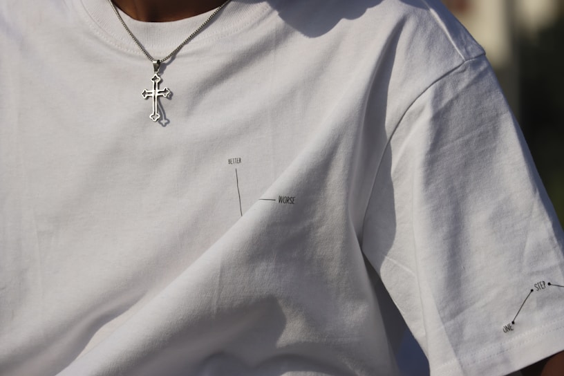 A close-up of a black t-shirt with bold gold lettering that reads 'Wear Your Faith Out Loud,' styled with a rose-gold cross necklace.