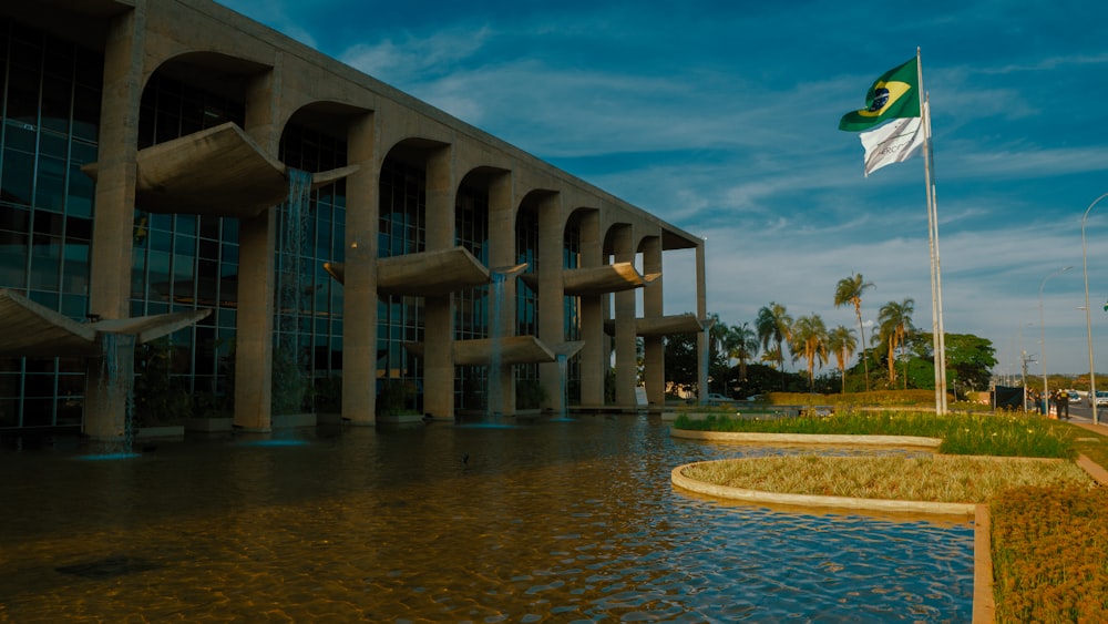 a large building with a flag on top of it