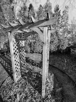 A wooden garden arbor draped with flowering vines in a sunny garden.
