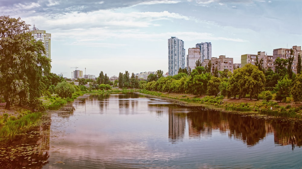 a body of water surrounded by tall buildings