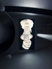 A black and white image featuring a double portrait with inverted colors. The faces are arranged one above the other, with the top face having a prominent expression, detailed hair, and circular elements suggesting a stylized design. The lower face has horizontal lines across the forehead and a neutral expression, creating a mirrored effect. The surrounding environment is dark, with structured patterns faintly visible on the right side and tubular elements entering from the edges.