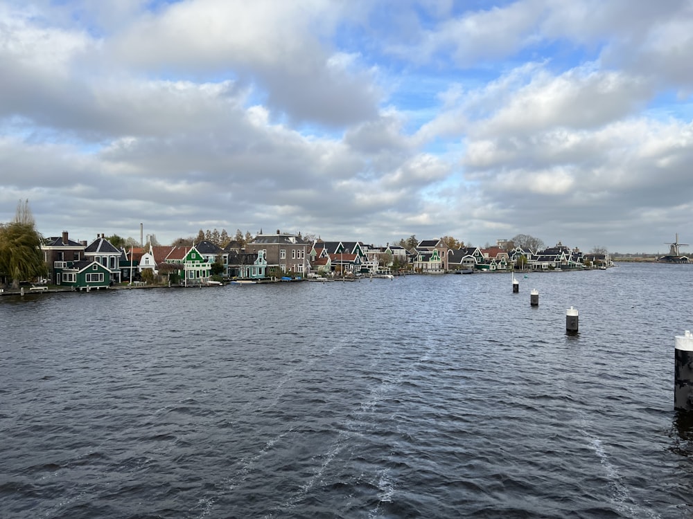 a body of water with houses in the background