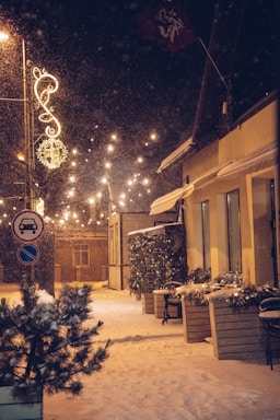 Cozy winter street decorated with festive Christmas lights in Valdemorillo.