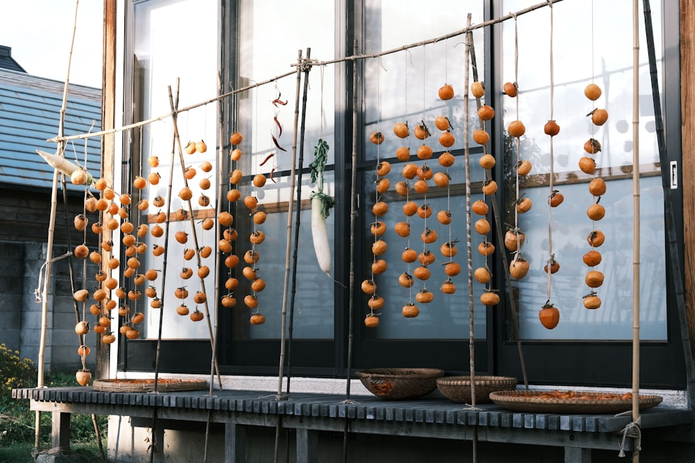 a bunch of oranges are hanging on a wire