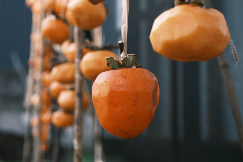 a bunch of orange fruits hanging from a line