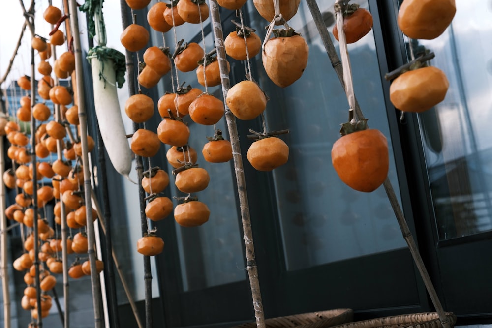 a bunch of orange fruit hanging from a building