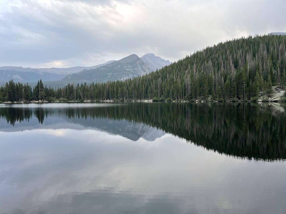 a lake surrounded by trees and mountains under a cloudy sky