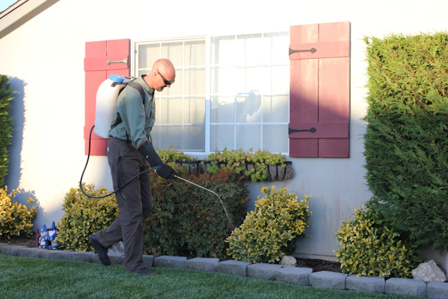 Technician treating the outside of a house