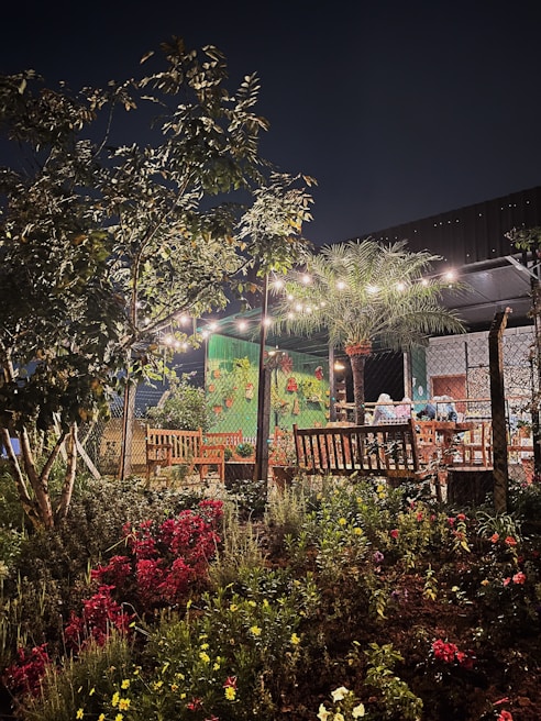 A serene backyard featuring a cozy seating area surrounded by plants.