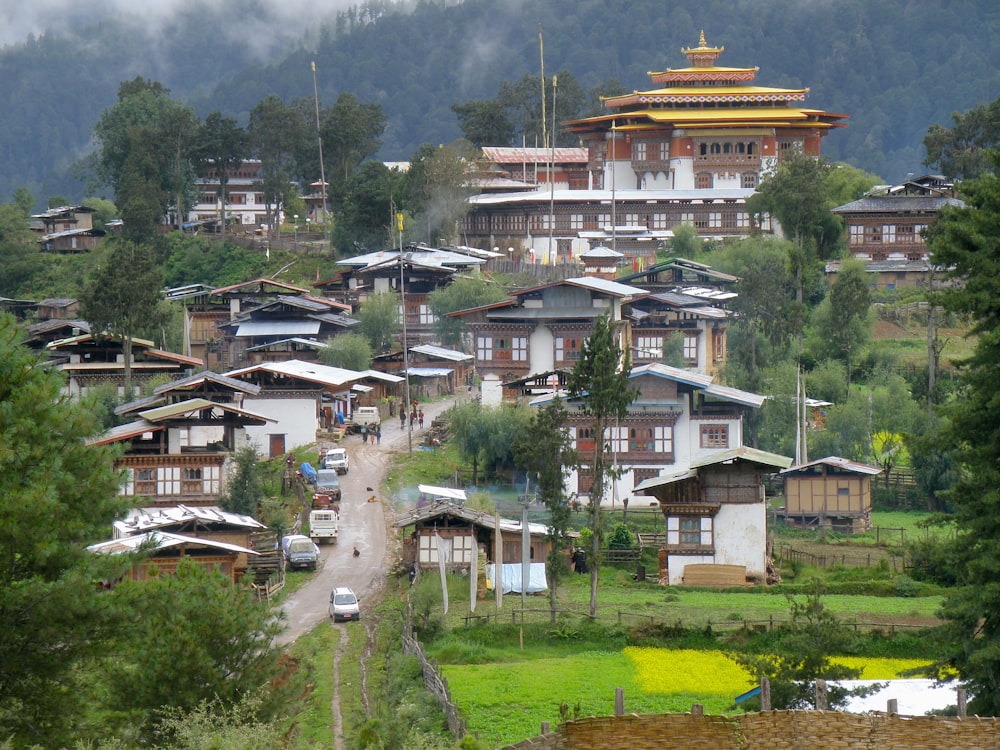 Un village avec beaucoup de maisons sur une colline