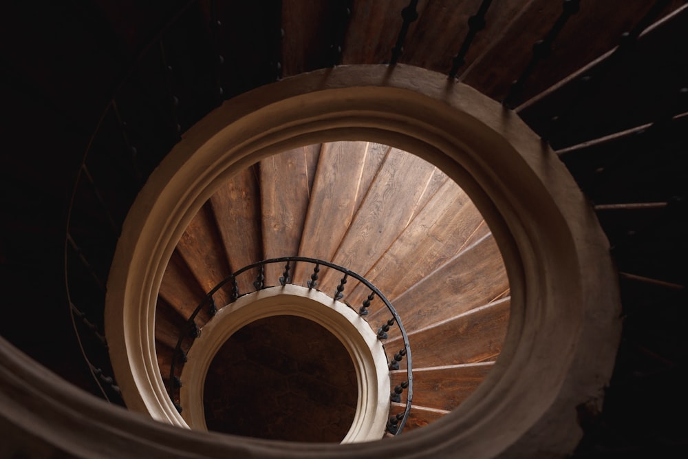 a view of a spiral staircase in a building