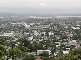 A panoramic view of a suburban area dominated by residential buildings and lush greenery. The backdrop features a body of water and distant hills under a cloudy sky, creating a peaceful skyline.
